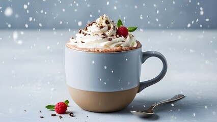 A comforting cup of hot chocolate topped with whipped cream, chocolate shavings, and a fresh raspberry, with snow gently falling around it.