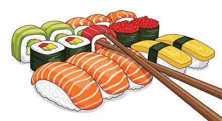 A colorful cartoon illustration showcasing a variety of sushi rolls and nigiri pieces served with © Anak