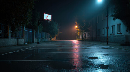 Serene Basketball Court After Rain at Night with Puddles Reflecting Street Lights and Atmosphere of Quiet and Calm