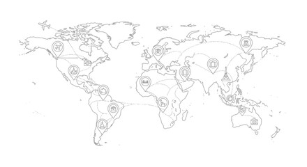 World travel route map with destinations and airplane icons representing global tourism