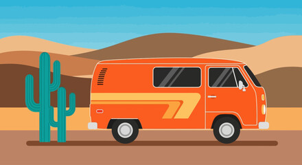 Vintage orange van in a desert landscape with cactus retro travel vibes
