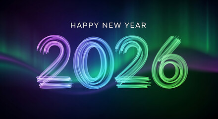 2026 neon numbers with aurora borealis effect