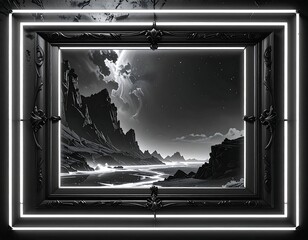 Surreal grayscale landscape framed in ornate black, lit by neon