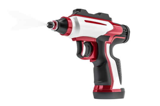 Modern futuristic water pistol concept shooting liquid stream on transparent background