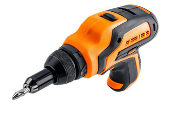 Powerful orange and black cordless drill driver close-up on transparent background