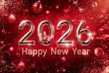 Happy New Year 2026 with Sparkling Red Bokeh and Butterfly Elegance - Festive Celebration