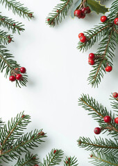 Christmas Pine Branches with Red Berries on White Background with Copy Space