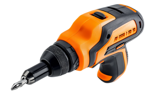 Powerful orange and black cordless drill driver close-up on transparent background
