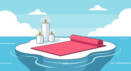 Serene island escape featuring yoga mat and candles for meditation retreat scene