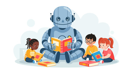 Robot reading to children is an illustration about future education methods and learning