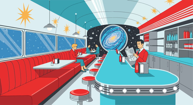 Retro diner with galaxy views offers a unique dining experience for space enthusiasts and casual
