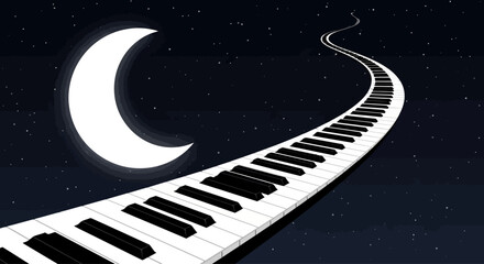 Musical path: surreal moonlit journey on a piano keyboard road amidst starry night © Anak
