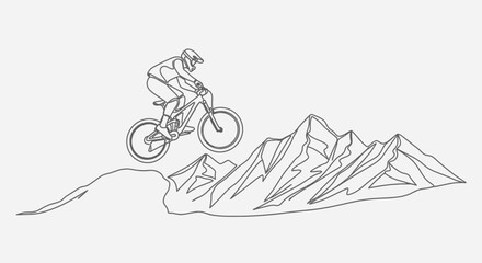Obraz premium Mountain biker jumping over mountain peaks in a minimalist line art style illustration