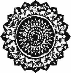 Ai futuristic office workspace with remote job screens illustration of intricate black and white circular mandala design featuring complex geometric patterns and delicate dot work, resembling a spirit