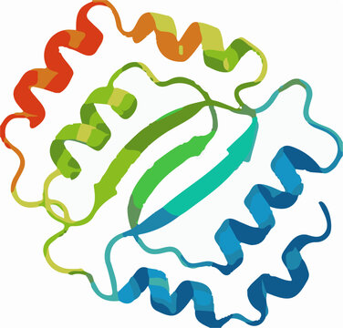 Ai futuristic office workspace with remote job screens illustration of ribbon diagram representation of a protein structure showing alpha helices and beta sheets, colorcoded along the polypeptide chai