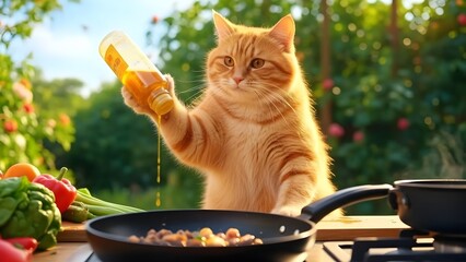 Whimsical ginger cat cooking with honey outdoors in a vibrant garden setting, adding a touch of humor and charm to any project