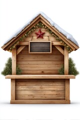 Wooden Christmas market stall with snowy roof, red star decor and evergreen garlands, ideal for festive holiday designs, seasonal ads and winter market themes
