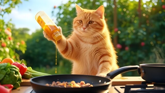 Whimsical ginger cat cooking with honey outdoors in a vibrant garden setting, adding a touch of humor and charm to any project
