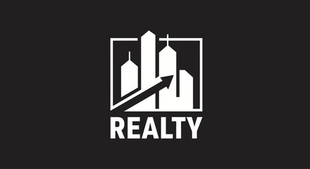 Minimalist realty logo showcasing upward arrow and city buildings on a black background