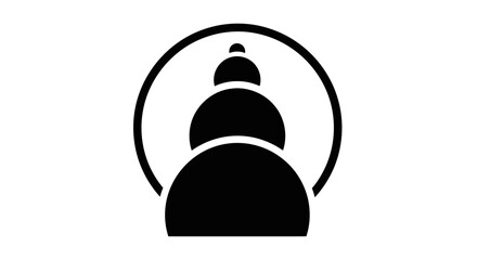 Minimalist pagoda icon, cultural symbol in solid black, modern vector design in round frame,