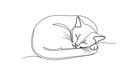 Minimalist one line drawing of a sleeping cat expressing tranquility and peace