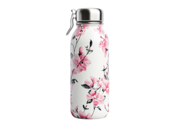 Elegant water bottle with pink floral design isolated on transparent background