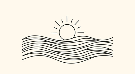 Minimalist Ocean Sunset Illustration with Stylized Waves and Radiating Sun