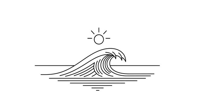 Minimalist ocean wave and sun design illustration evokes a sense of calm and summer vibes