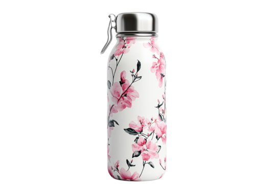 Elegant water bottle with pink floral design isolated on transparent background