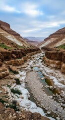 Majestic canyon vista: a narrow rocky river flows through towering sedimentary cliffs with