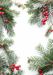 Christmas Pine Branches with Red Berries on White Background with Copy Space