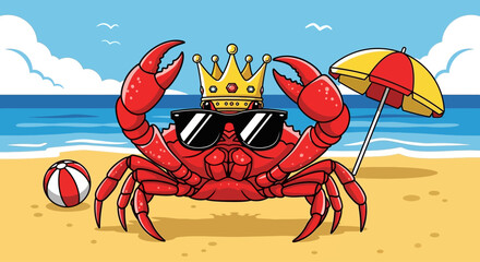 King Crab enjoying summer vacation on a tropical beach with sunglasses wearing a crown