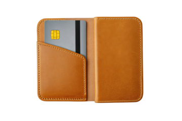 Brown leather wallet with a credit card inserted on a black background graphic design