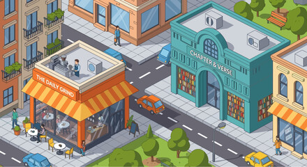 Isometric city illustration showcasing a coffee shop and bookstore vitality