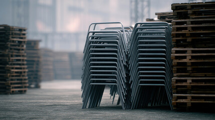 Unused Stacked Chairs on Wooden Pallets in an Industrial Area with Soft Lighting and a Calm Atmosphere