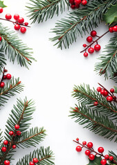 Christmas Pine Branches with Red Berries on White Background with Copy Space