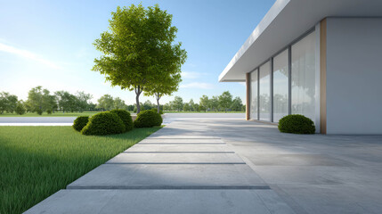 Naklejka premium Modern Home Exterior with Concrete Pathway Surrounded by Trimmed Grass and Lush Greenery Under Clear Blue Sky