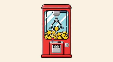Illustration of a classic claw machine with stars inside a retro gaming concept