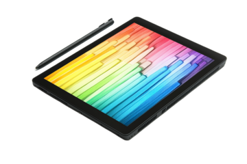 Modern tablet displaying vibrant colorful illustration with pen, isolated on transparent background