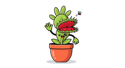 Friendly carnivorous plant cartoon character waving hello with a fly flying nearby illustration