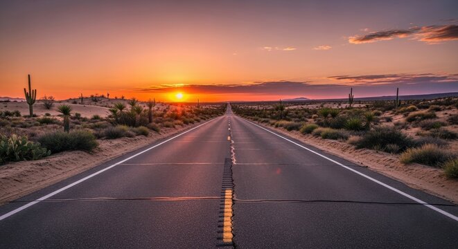 Serene desert highway at sunset, embodying freedom and endless possibilities during twilight hour