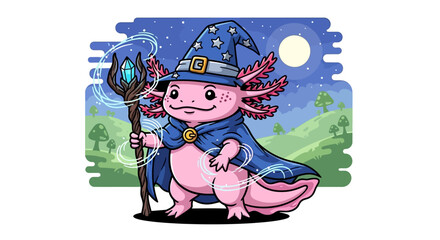 Enchanting Axolotl Wizard casting spells under the moonlight illustration