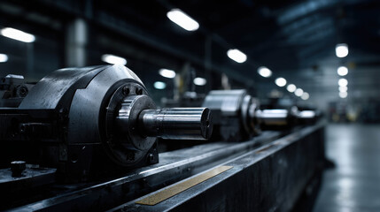 Fototapeta premium Close-Up View of Industrial Machinery Components in Dimly Lit Factory Setting with Balanced Features and Daylight Highlights