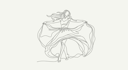 Elegant Woman in Flowing Dress: A Continuous Line Art Illustration Design Project