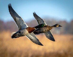 Two ducks in flight against a bright sky, vibrant colors