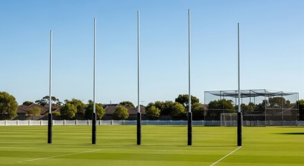 A serene view of Australian Rules football goalposts under a bright blue sky on a vast field
