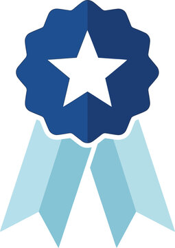 Award ribbon with white star on blue rosette and light blue hanging ribbons, signifying quality, achievement, and top rating
