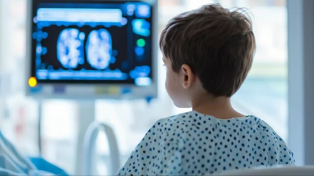 Child in hospital gown observing brain scan on monitor in medical facility