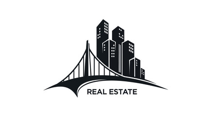 Elegant real estate logo featuring a city skyline and bridge design illustration