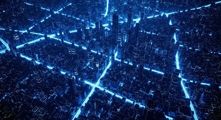 Abstract digital city glowing blue lines representing data transfer and internet connectivity future metropolis